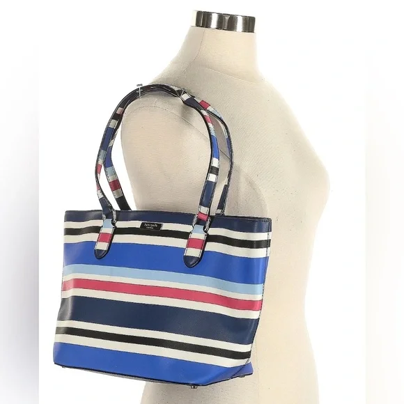 •KATE SPADE•RED/WHITE/BLUE/BLACK STRIPED LAUREL WAY DALLY MEDIUM ZIP TOP TOTE